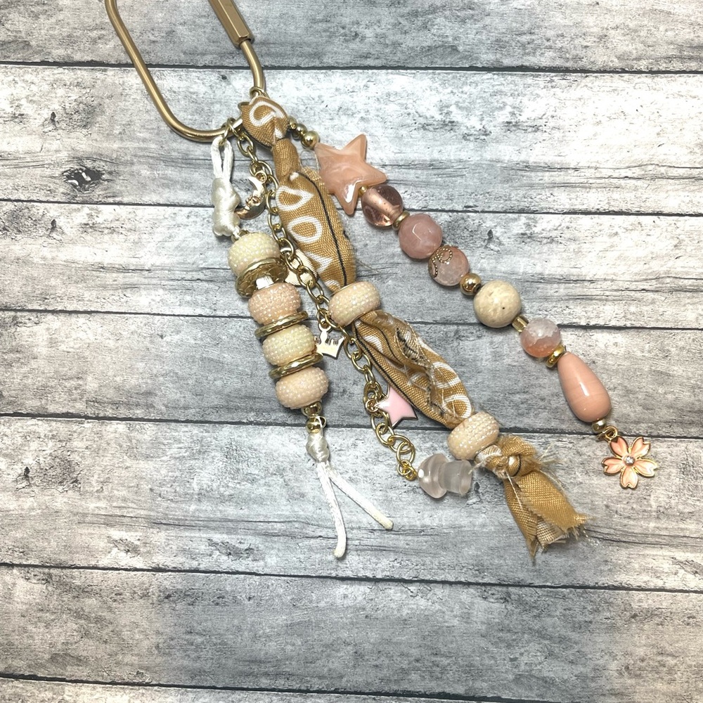 Boho Peach & Gold Beaded Charm Keychain Bag Charm  - Women's Jewelry